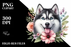 Watercolor Siberian Husky Flower Clipart Product Image 3