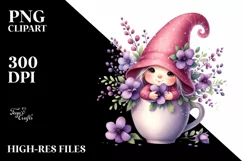 Cute Baby Gnome with Violet Floral Frame, Transparent PNG Product Image 2