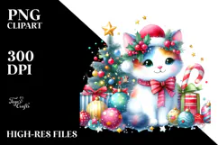 Cute Watercolor Cat with Christmas Decorations Product Image 2