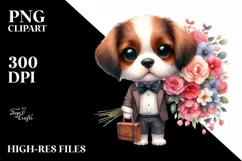 Expressive Puppy with Large Flower Bouquet | Sublimation Product Image 1