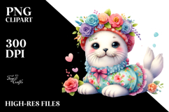 Smiling Cute Baby Seal Dressed in Whimsical Flowers PNG Product Image 2