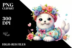 Smiling Cute Baby Seal Dressed in Whimsical Flowers PNG Product Image 3