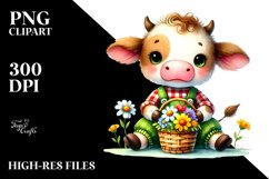 Baby Cow with Basket of Spring Flowers, Vibrant PNG Product Image 2