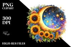 Vibrant Moon with Stars and Sunflowers PNG Product Image 2