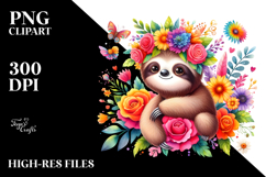 Cute Vibrant Sloth with Flower Crown | Clipart Product Image 2