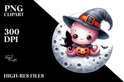 Retro Octopus on Halloween Moon, PNG Product Image 2