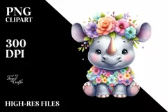 Cute Baby Rhino Dressed, Flowers Clipart Product Image 1