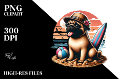 Sitting Pug in Sand with Surf and Ball | Clipart Product Image 2