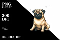 Sitting Pug in Sand with Surf and Ball | Clipart Product Image 1