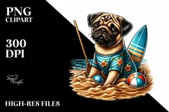 Sitting Pug in Sand with Surf and Ball | Clipart Product Image 1