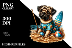 Sitting Pug in Sand with Surf and Ball | Clipart Product Image 2