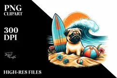 Sitting Pug in Sand with Surf and Ball | Clipart Product Image 1