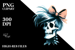 Skull with Hair and Bow Retro Halloween PNG Product Image 2