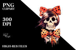 Skull with Hair and Bow Retro Halloween PNG Product Image 2