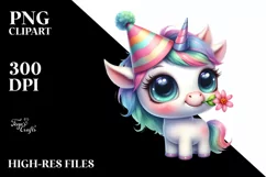 Expressive Watercolor Baby Unicorn with Party Hat | SEO Product Image 3