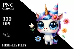 Expressive Watercolor Baby Unicorn with Party Hat | SEO Product Image 1