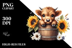Cute Baby Highland Cow with Sunflower, PNG Product Image 1