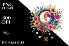 Vibrant Boho Moon Flowers Stars Watercolor Clipart Product Image 1