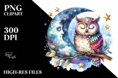 Vibrant Owl Sleeping on Moon | Hanging Stars | Clipart Product Image 3