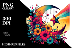 Vibrant Moon with Stars and Sunflowers PNG Product Image 2