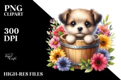 Cute Baby Dog from Wood Bucket, PNG Product Image 1