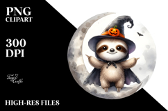 Washed Watercolor Sloth on Halloween Moon, PNG Product Image 2