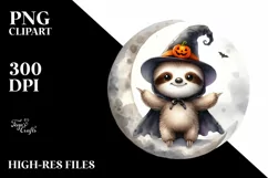 Washed Watercolor Sloth on Halloween Moon, PNG Product Image 1