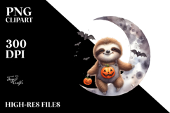 Washed Watercolor Sloth on Halloween Moon, PNG Product Image 2