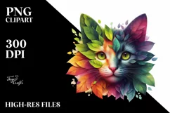 Abstract Vibrant Watercolor Kitten with Plant Leaves, Product Image 3