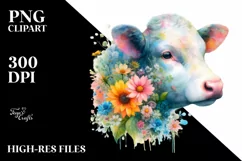 Half Flower Cow Watercolor | Sublimation Clipart Product Image 1