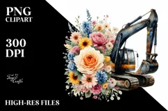 Vintage Excavator with Huge Flowers, PNG Product Image 1