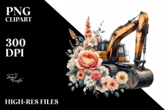 Vintage Excavator with Huge Flowers, PNG Product Image 1