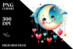 Colorful Smiling Moon with Hearts, Watercolor PNG Product Image 2