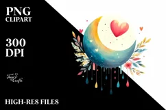 Washed Watercolor Moon with Hearts PNG Product Image 2