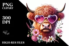 Pink Highland Cow with Heart Shaped Sunglasses, Transparent Product Image 2