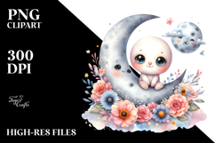 Cute Smiling Flowers on Moon | Sublimation | Clipart Product Image 2