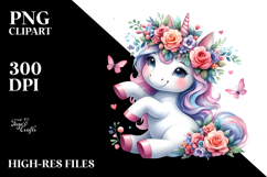 Cute Unicorn Playing with Floral Wreath PNG Product Image 2