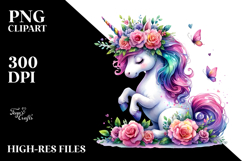 Cute Unicorn Playing with Floral Wreath PNG Product Image 2
