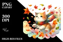 Colorful Cat with Autumn Leaves PNG Product Image 1