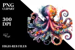 Half Flower Octopus Watercolor | Sublimation Clipart Product Image 1