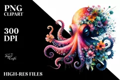 Half Flower Octopus Watercolor | Sublimation Clipart Product Image 3
