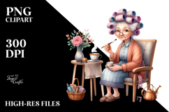 Old Lady Character Sitting with Tea Cup | Clipart Product Image 2