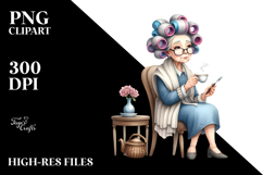 Old Lady Character Sitting with Tea Cup | Clipart Product Image 2