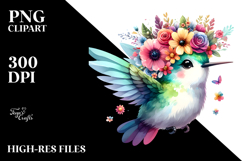 Cute Watercolor Hummingbird with Vibrant Flower Crown PNG Product Image 2