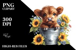 Cute Baby Highland Cow with Sunflower, PNG Product Image 3
