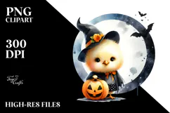Washed Watercolor Chicken on Halloween Moon, PNG Product Image 2