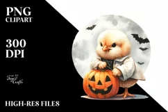 Washed Watercolor Chicken on Halloween Moon, PNG Product Image 3