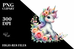 Cute Baby Unicorn Flowers Clipart Product Image 1