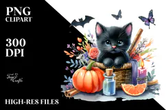 Cute Baby Black Cat Halloween Drawing | Sublimation Clipart Product Image 2