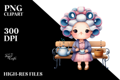 Watercolor Sitting on Bench, Holding Tea Cup | Clipart Product Image 2